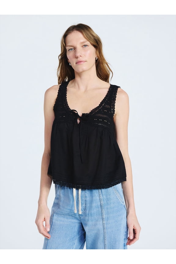 Women's and Women's Plus Flowy Cotton Tank Top with Lace Trim, Sizes XS-4X