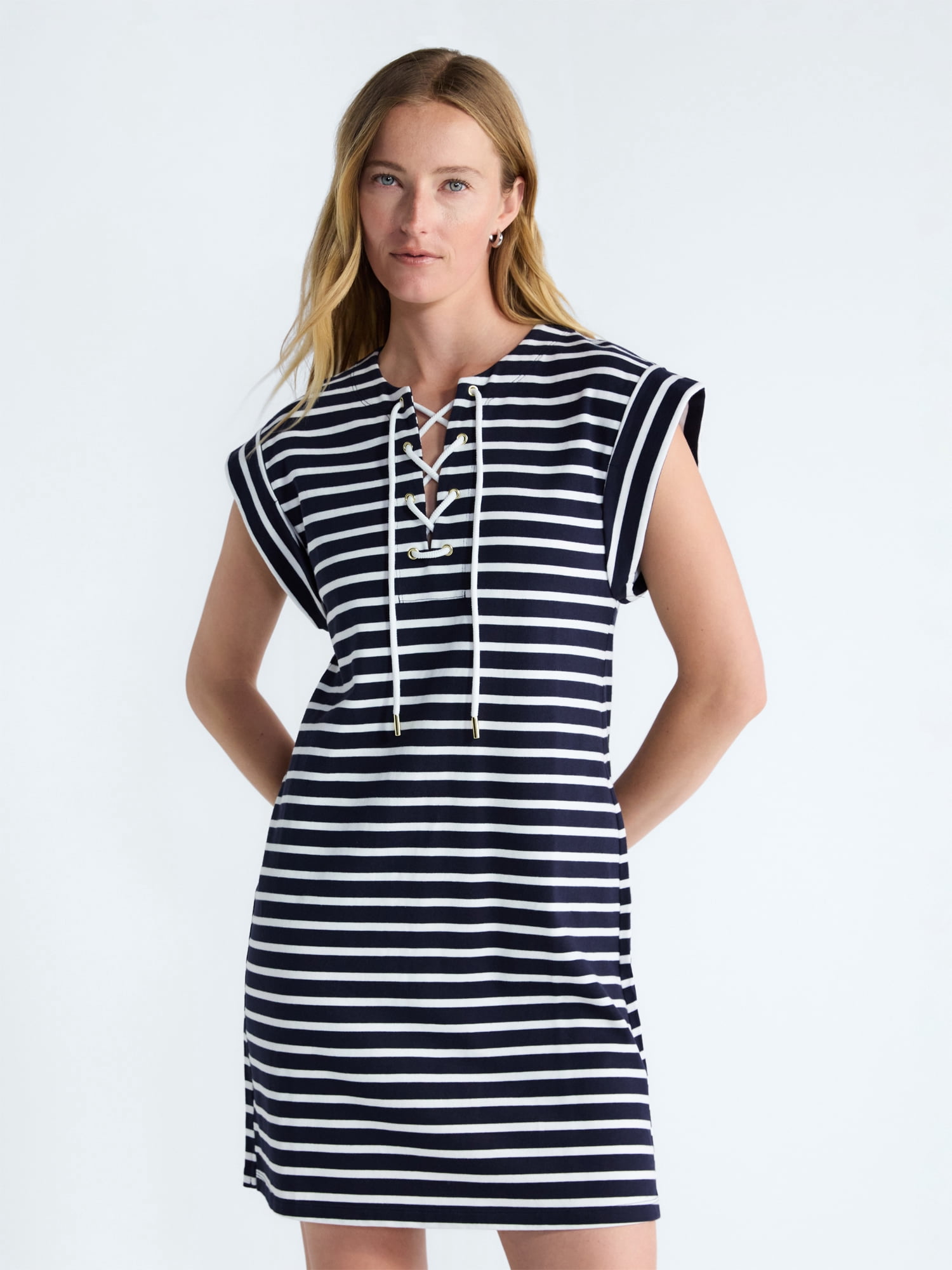 Free Assembly Women's Lace Up Cotton Mini Dress, Sizes XS-XXL