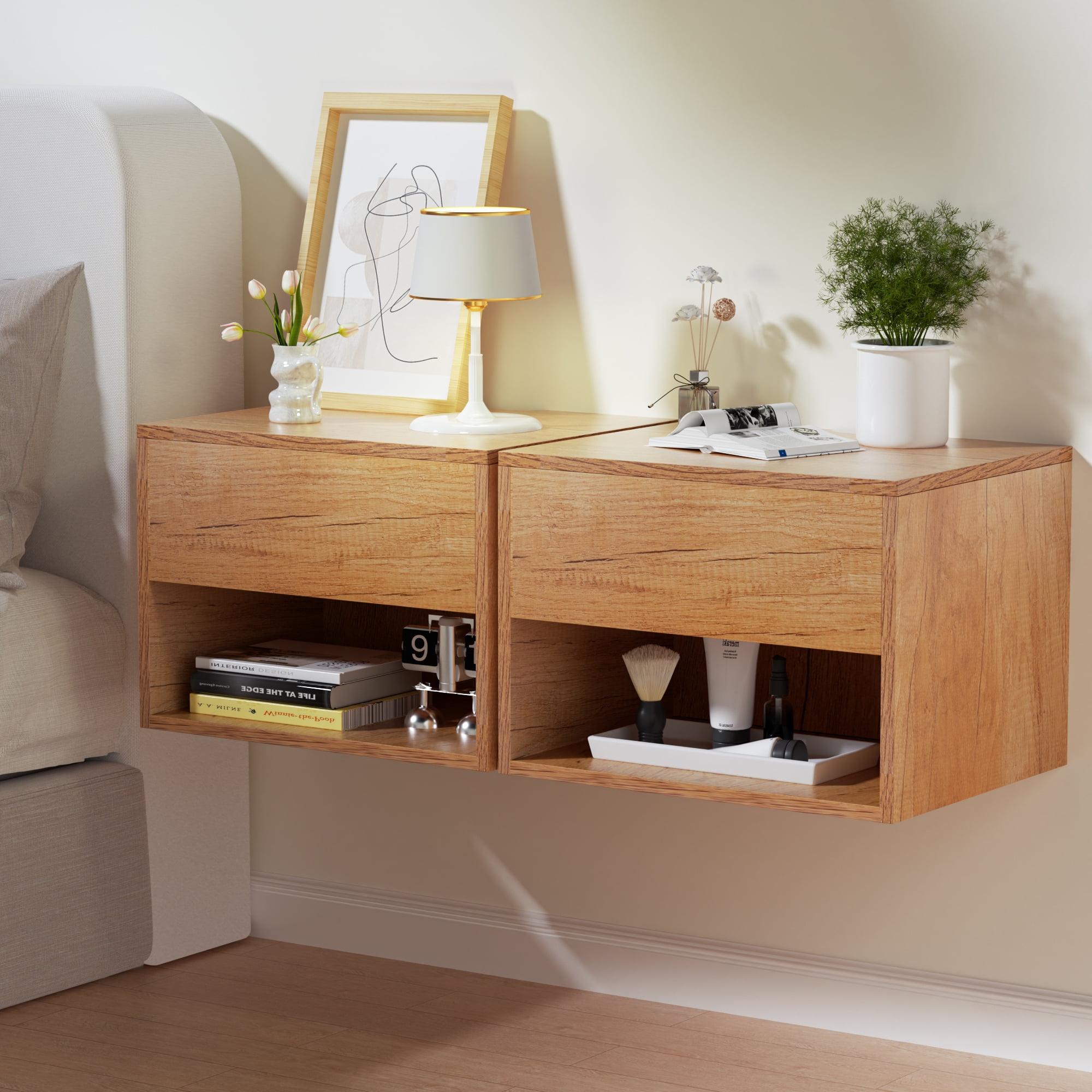 LACHILLBAY 2 Set Floating Nightstand, Modern Bedside Table, Space