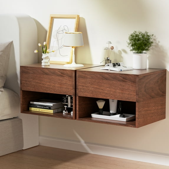 LACHILLBAY Floating Nightstand Set of 2 with Drawer, Light Wood Modern Floating Bedside Table,Wall Mounted Night Stand Side Table,Floating Shelves Bedroom,Walnut