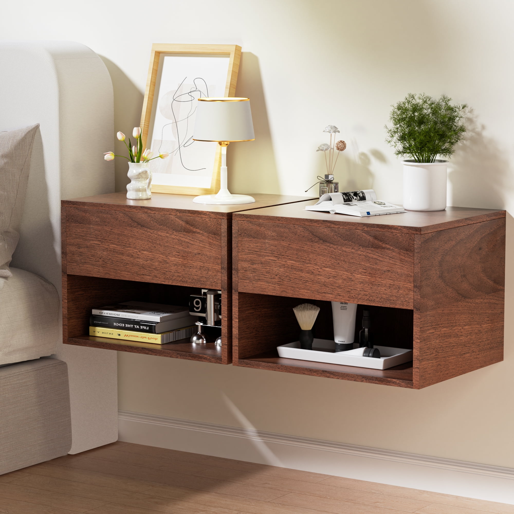 LACHILLBAY Floating Nightstand Set of 2 with Drawer,Walnut Floating