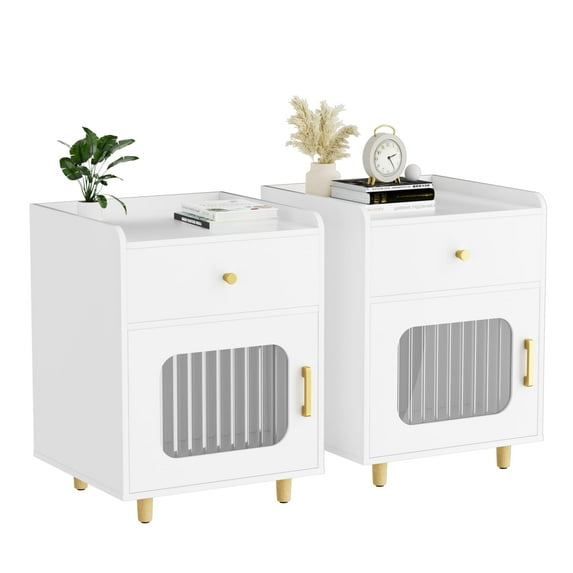 LACHILLBAY White Nightstand Set of 2 with Drawer,Modern Bedside Table End Table with Glass Door Storage for Living Room, Bedroom, Office