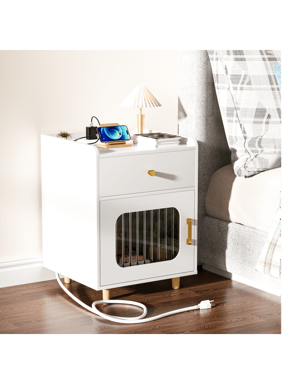LACHILLBAY White Nightstand with Charging Station,Modern Bedside Table with Glass Door Storage &a Drawer,USB Port &AC Power Outlets