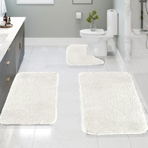 LACKUST 3 Piece Bath Mat Set Non Slip Absorbent Machine Washable Soft Thick Bathroom Rugs Velvet Bath Mats for Bathroom Floor, White