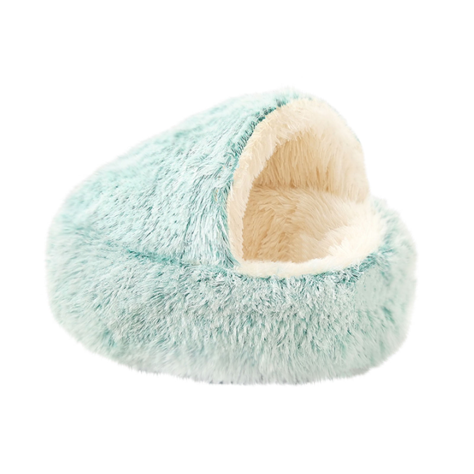 Small Green Plush Hooded Pet Bed for Cats and Dogs