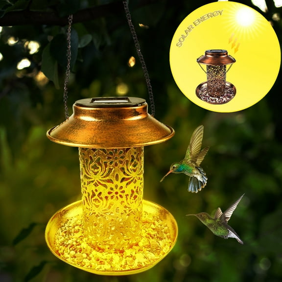 LACKUST Bird Feeders Outdoor Clearance,Antique-Style Solar-Powered Hanging Bird Feeder with Metal Wrought Iron,Yellow