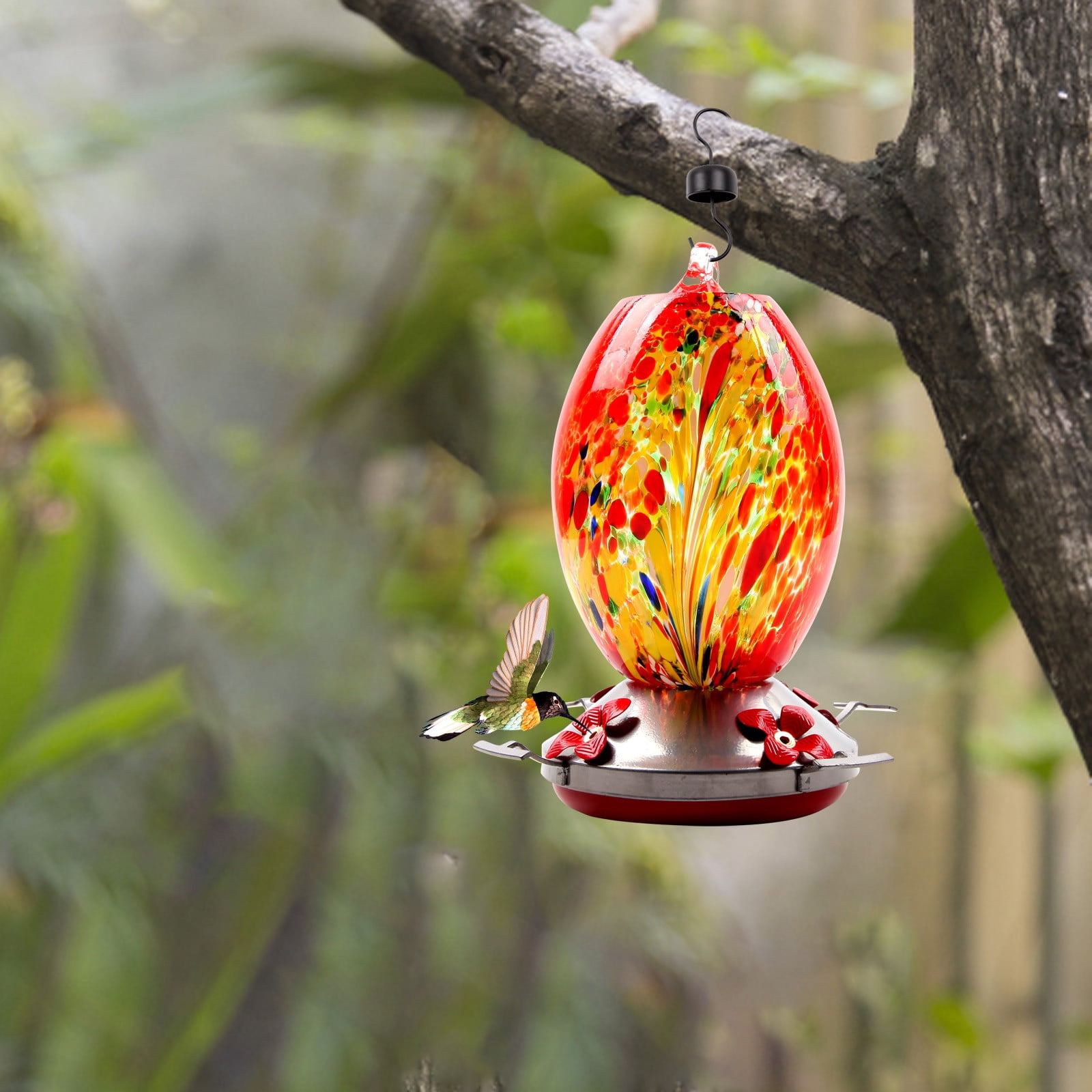 LACKUST Bird Feeders Outdoor Clearance,Colorful Glass Hummingbird Feeder with Water and Flower Design,Multicolor