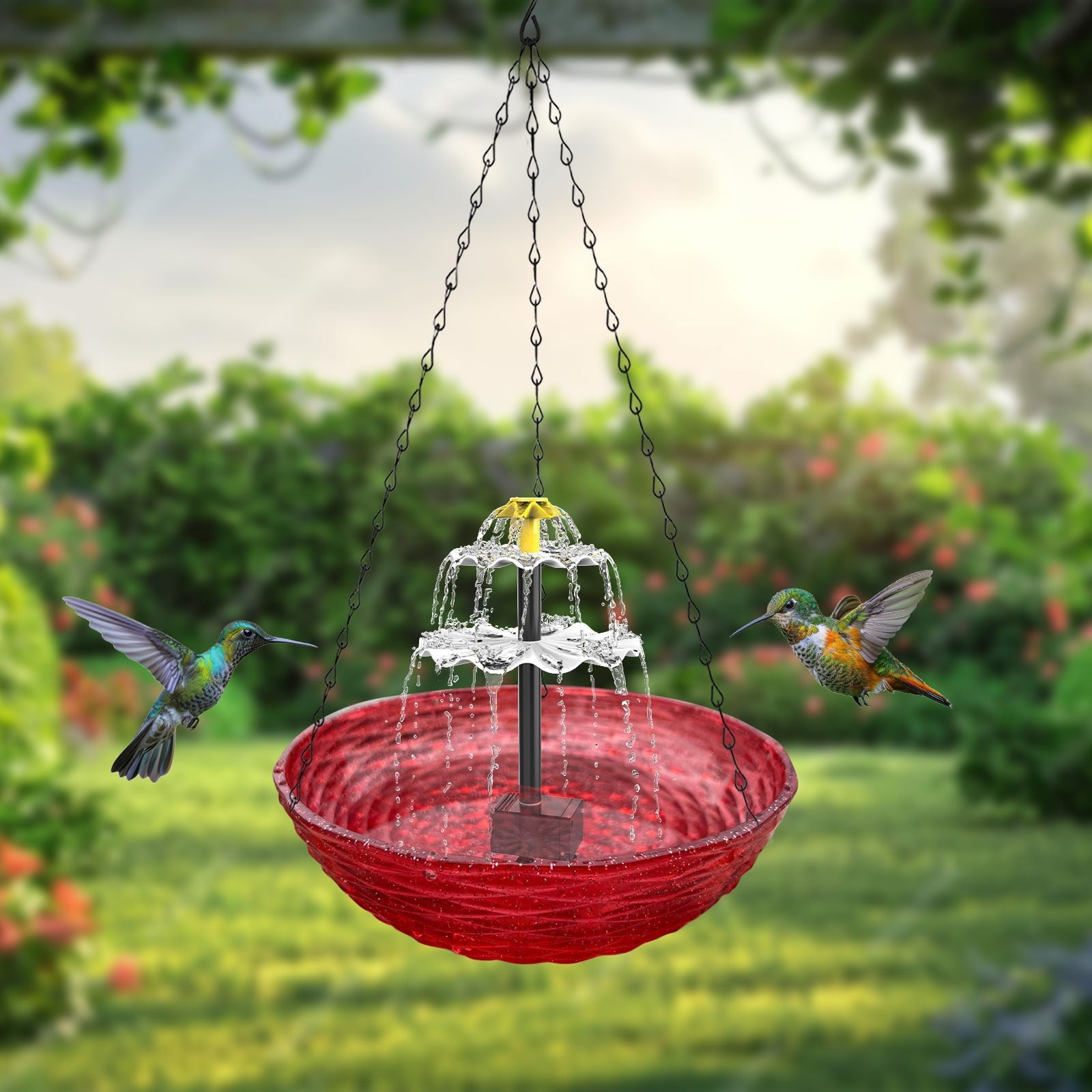 LACKUST Bird Feeders Outdoor Clearance,Solar-Powered Hanging Bird Bath with Metal Bowl for Outdoor Garden,Red