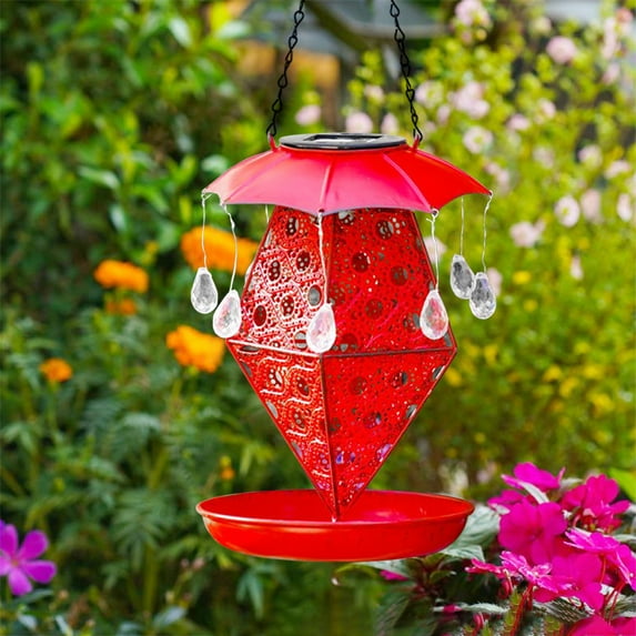 LACKUST Bird Feeders Outdoor Clearance,Solar-Powered Iron Bird Feeder with Ground Lamp for Outdoor Garden and Courtyard,Red