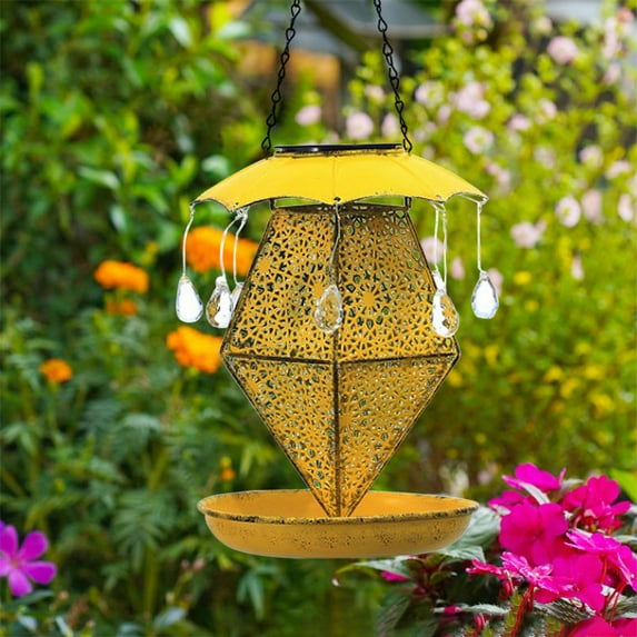 LACKUST Bird Feeders Outdoor Clearance,Solar-Powered Iron Bird Feeder with Ground Lamp for Outdoor Garden and Courtyard,Yellow