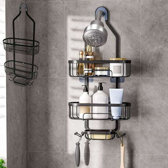 LACKUST Black Stainless Steel Shower Caddy 3 Tier - Over Shower Head & Wall Mounted, No Drilling Shower Organizer with Hooks for Shampoo, Towels