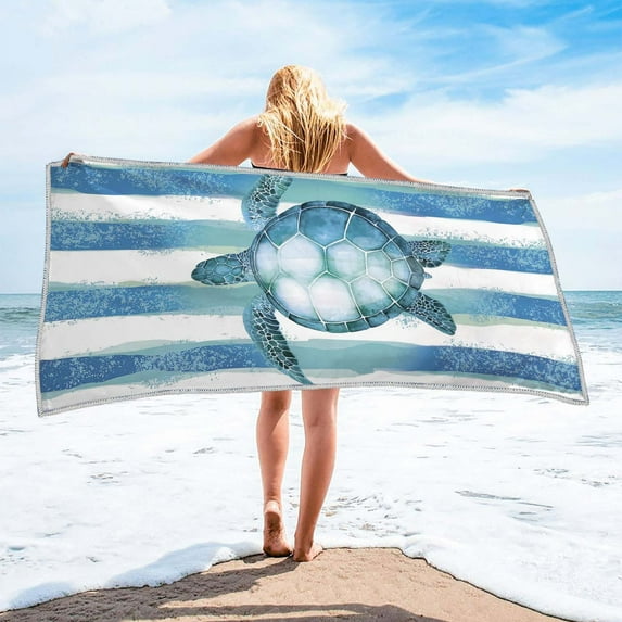 LACKUST Blue & White Striped Beach Towel with Turtle Print - Quick Dry Sand-Proof for Pool Beach - 75x150cm (Color D)