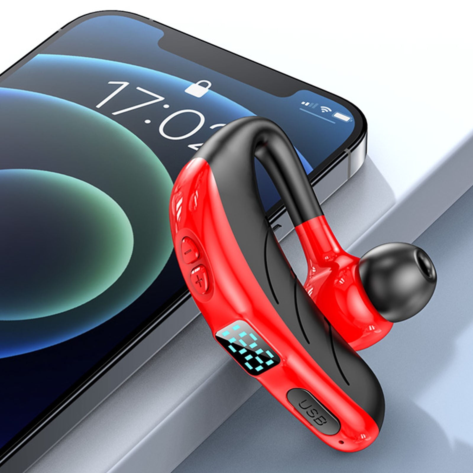 LACKUST Bluetooth 5.2 Earpiece with LED Display,Clearance Noise Cancelling Bluetooth Headphones for Kids,Wireless Handsfree Headphone with Mic,Red