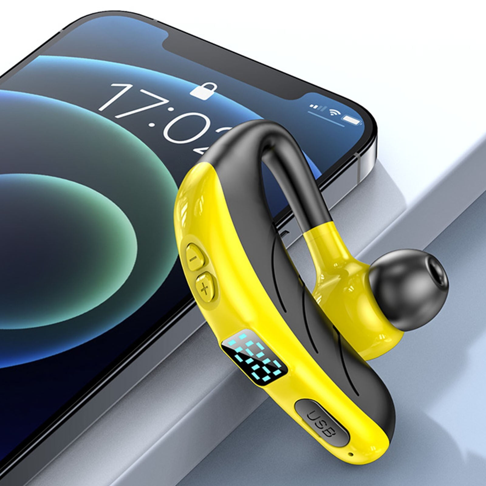 LACKUST Bluetooth 5.2 Earpiece with LED Display,Clearance Noise Cancelling Bluetooth Headphones for Kids,Wireless Handsfree Headphone with Mic,Yellow