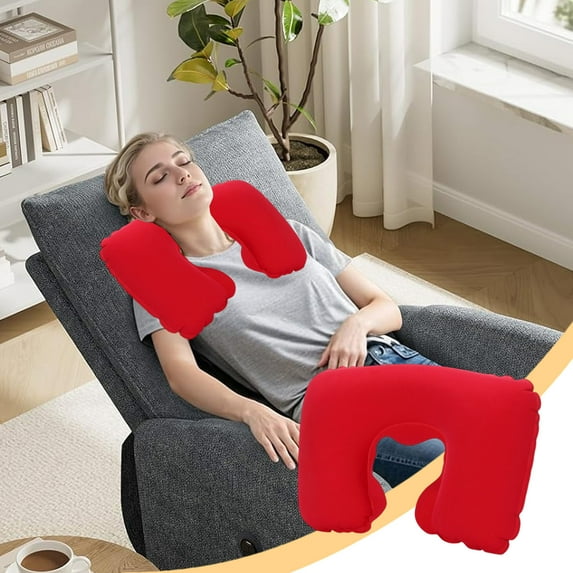 LACKUST Comfortable Travel Neck Pillow - PVC Flocked U-Shaped Cushion for Aviation, Outdoor, Home Use, Portable Inflatable Cervical Support Pillow with Soft Velour Cover,Red