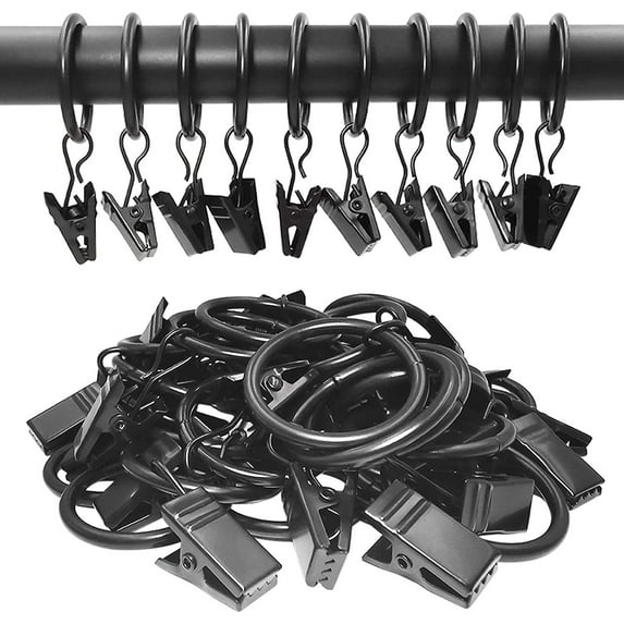 LACKUST Curtain Hooks,40 Pack Metal Curtain Rings with Clips,Hat Clothes Clips,Drapery Clips with Rings,Drapes Rings 1.5 in Interior Diameter,Black