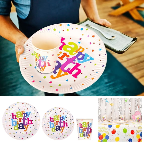 LACKUST Disposable Party Supplies Dinnerware Set for Birthday Wedding,Birthday Party Disposable Paper Plates Cups, Colorful Balloons Tablecloth, Picnic Set