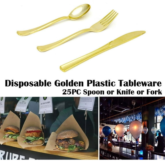 LACKUST Disposable Party Supplies Dinnerware Set for Birthday Wedding,Disposable Gold Plastic Tableware Set - 25PC Cutlery Spoon Fork Set for Hot Party