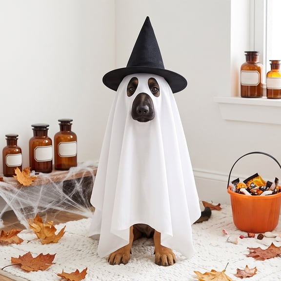 LACKUST Dog Halloween Costume Ghost Cape with Witch Hat, Funny Pet Cosplay Outfit for Medium Dogs, Halloween Party Photo Prop, M Size