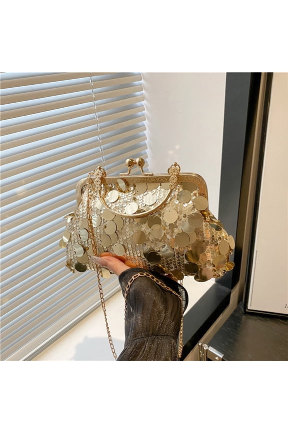 Elegant Women's Sparkle Sequin Kiss Lock Clutch Purse Gold Glitter Crossbody Evening Bag with Gold Chain Strap Shiny Handbag for Party Wedding Night Out