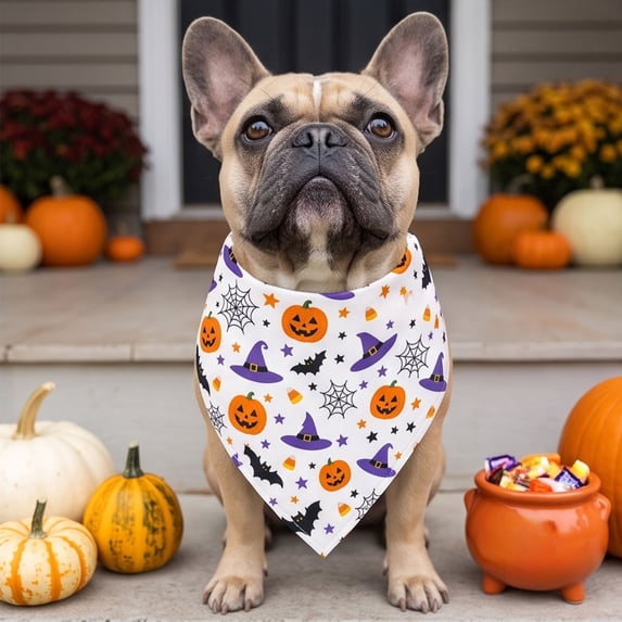 LACKUST Halloween Dog Bandana & Cat Bandana, Adjustable Tie-On Pet Scarf for Dogs and Cats, Boo Ghost Pumpkin Candy Corn Print, Black, Halloween Costume Accessory