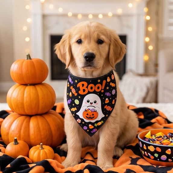 LACKUST Halloween Dog Bandana Tie On Adjustable Pet Scarf for Dogs Cats Black Ghost Pumpkin Candy Corn Print Holiday Bandana for Halloween Party Trick or Treat 1 Pack