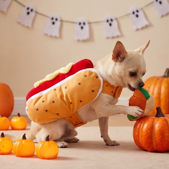 LACKUST Hot Dog Pet Costume for Dogs and Cats, Funny Adjustable Plush Halloween Christmas Dog Cat Outfit, Size L, Cosplay Photo Prop