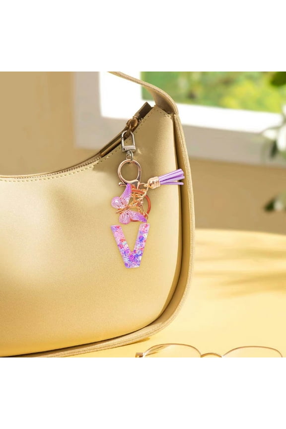 Initial Letter Keychains for Women,Clearance Keychains Rings for Keys for Men Women for Car,Purple Tassel Design,Purple