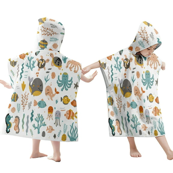 LACKUST Kids Hooded Cape Beach Towel - Quick-Dry Sand-Proof 60x60cm with Seahorse & Coral Patterns