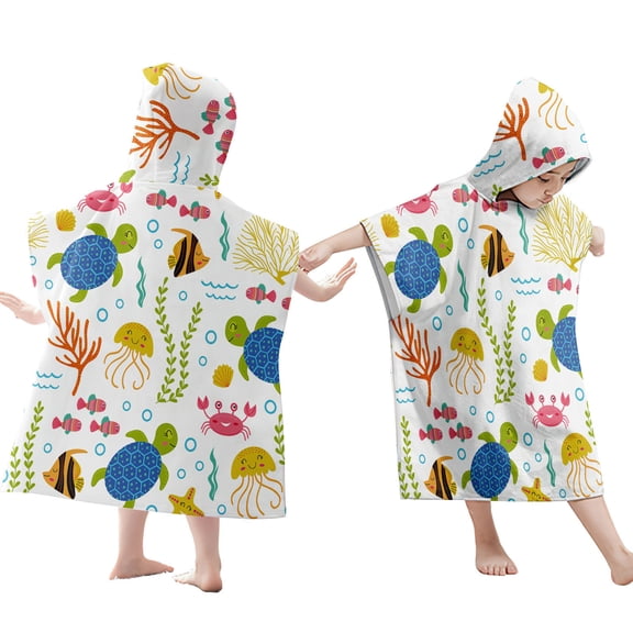 LACKUST Kids Ocean-Themed Hooded Towel - Quick-Dry Microfiber 60x60cm for Beach & Pool