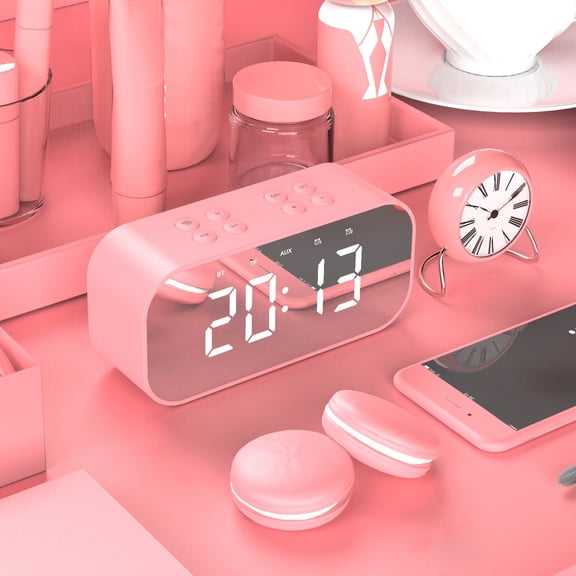 LACKUST LED Mirror Clock With Screen 5.0 Wireless Bluetooth Audio Alarm Clock Three- Brightness Call Card,Built-In Lithium Battery,Pink