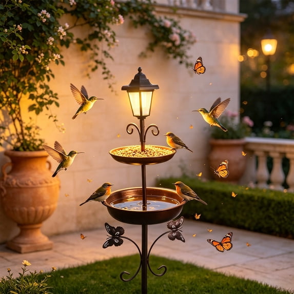 LACKUST Metal Solar Bird Feeder for Outdoors, 35 Inch Ground Stake Bird Feeder with Solar Light, Heavy-Duty Wild Bird Feeder Station for Garden Yard Decor