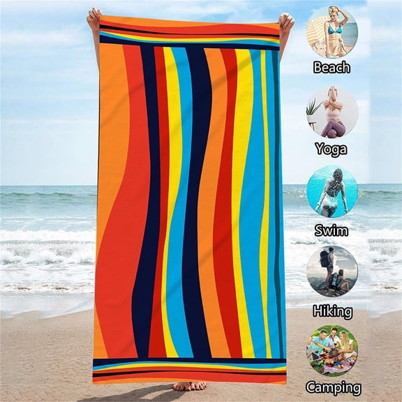 LACKUST Microfiber Beach Towel with Multi-Color Stripes, Quick-Dry & Foldable for Beach and Outdoor (70x150cm)