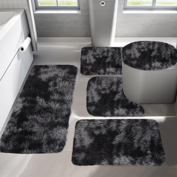 LACKUST Mixed Colors 5-Piece Bathroom Rugs Set - Soft Comfortable Non-Slip Thick Bath Mats and Rug for Bathroom Easy to DryBlack
