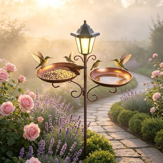 LACKUST Solar Bird Feeder with Light, 2-Tier Metal Ground Stake Bird Bath & Feeding Station for Garden, Rustic Brown