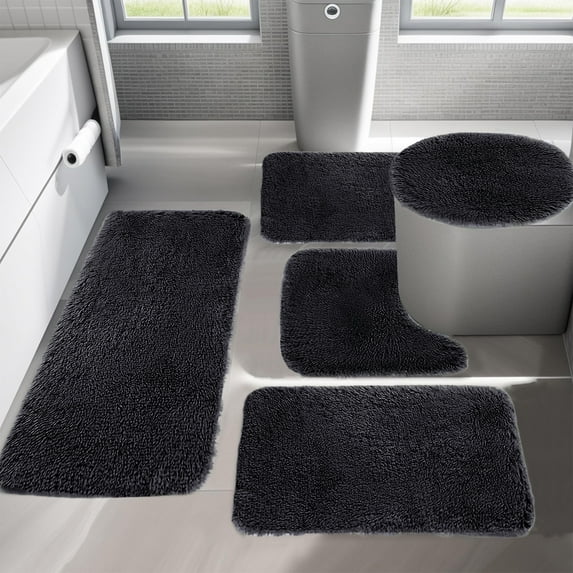 LACKUST Solid Color 5-Piece Bathroom Rugs Set - Soft Non-Slip Thick Machine Washable Bath Rug and Mats for Bathroom Home Easy to DryBlack