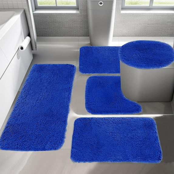 LACKUST Solid Color 5-Piece Bathroom Rugs Set - Soft Non-Slip Thick Machine Washable Bath Rug and Mats for Bathroom Home Easy to DryBlue