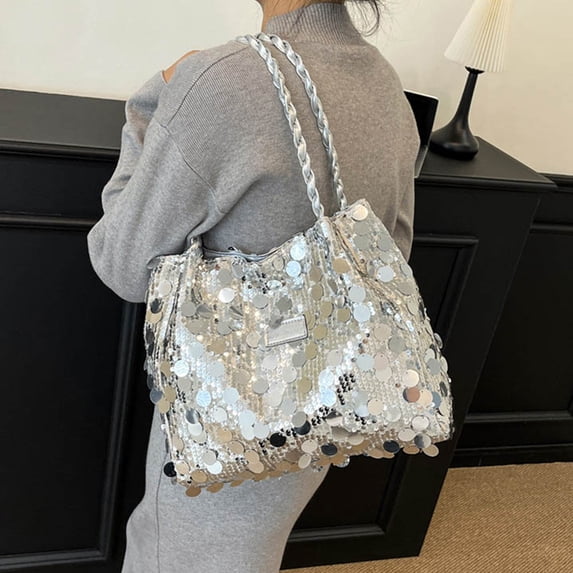 LACKUST Women's Casual Silver Sequin Shoulder Tote Bag Braided Handle Large Capacity Fashion Glitter Handbag Shiny Daily Commute Shopping Bag Sparkling Purse
