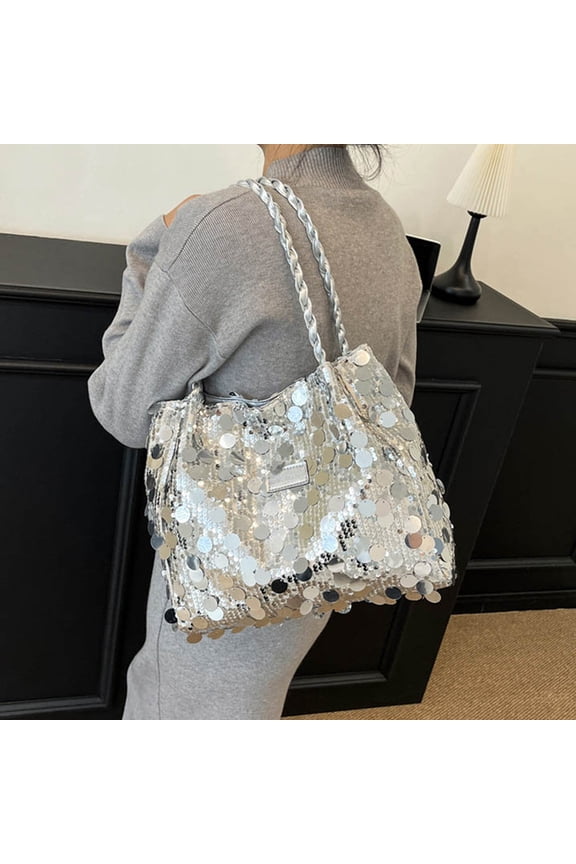Women's Casual Silver Sequin Shoulder Tote Bag Braided Handle Large Capacity Fashion Glitter Handbag Shiny Daily Commute Shopping Bag Sparkling Purse