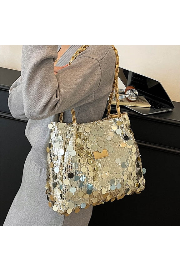 Women's Gold Braided Handle Sequin Shoulder Tote Bag Large Capacity Fashion Sparkly Glitter Handbag Shiny Casual Daily Shopping Evening Party Purse