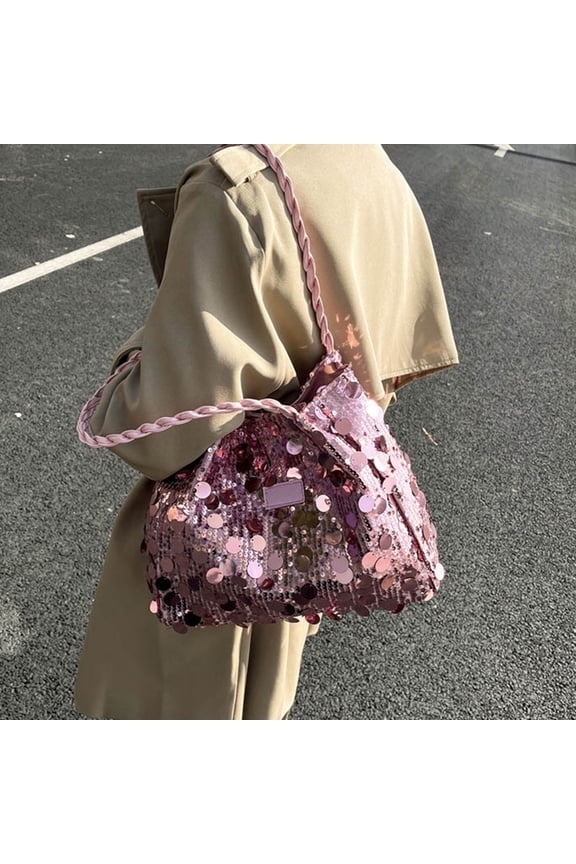Women's Pink Sparkle Sequin Evening Tote Bag with Braided Straps Large Capacity Glitter Shoulder Handbag Shiny Party Purse Casual Daily Shopping Bag