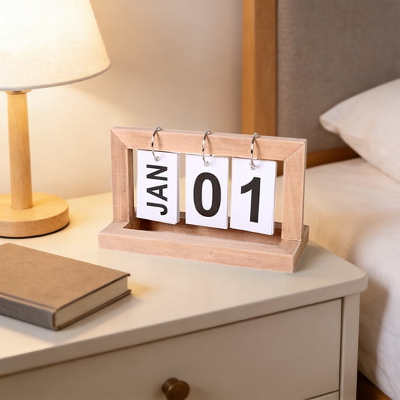 LACKUST Wooden Perpetual Calendar for Desk, Reusable Tabletop Calendar with Blocks, Natural Beige Home Office Decor, Rustic Decorative Gift
