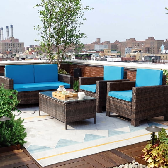 LACOO 4-Piece Brown Wicker Outdoor Patio Conversation Set with Blue Cushions