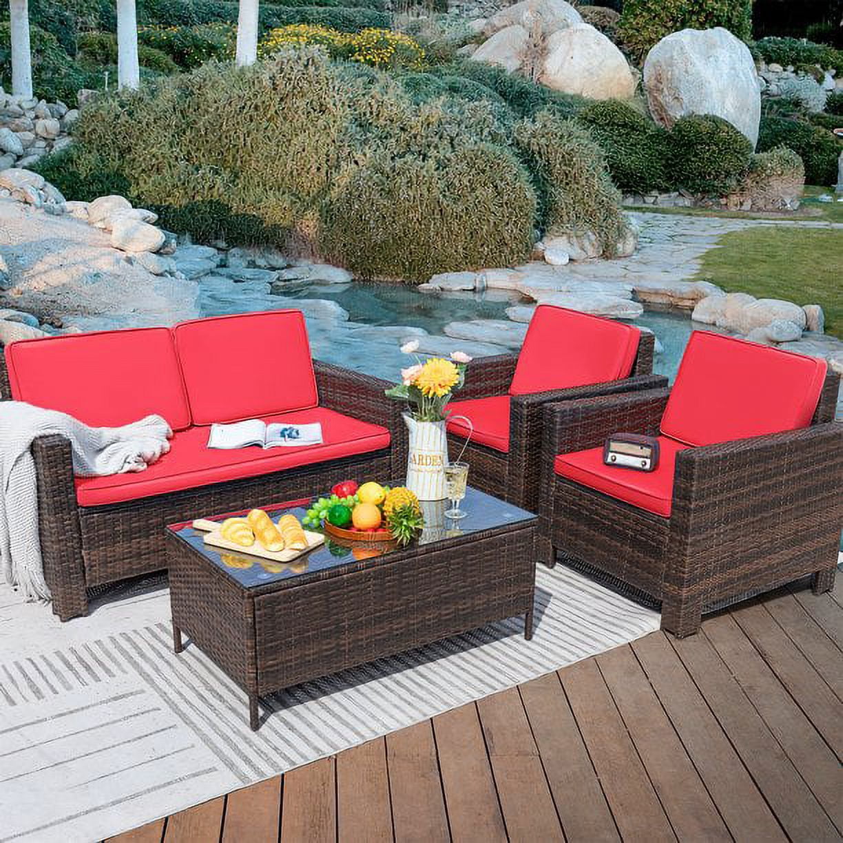 LACOO 4-Piece Brown Wicker Outdoor Patio Conversation Set with Red Cushions