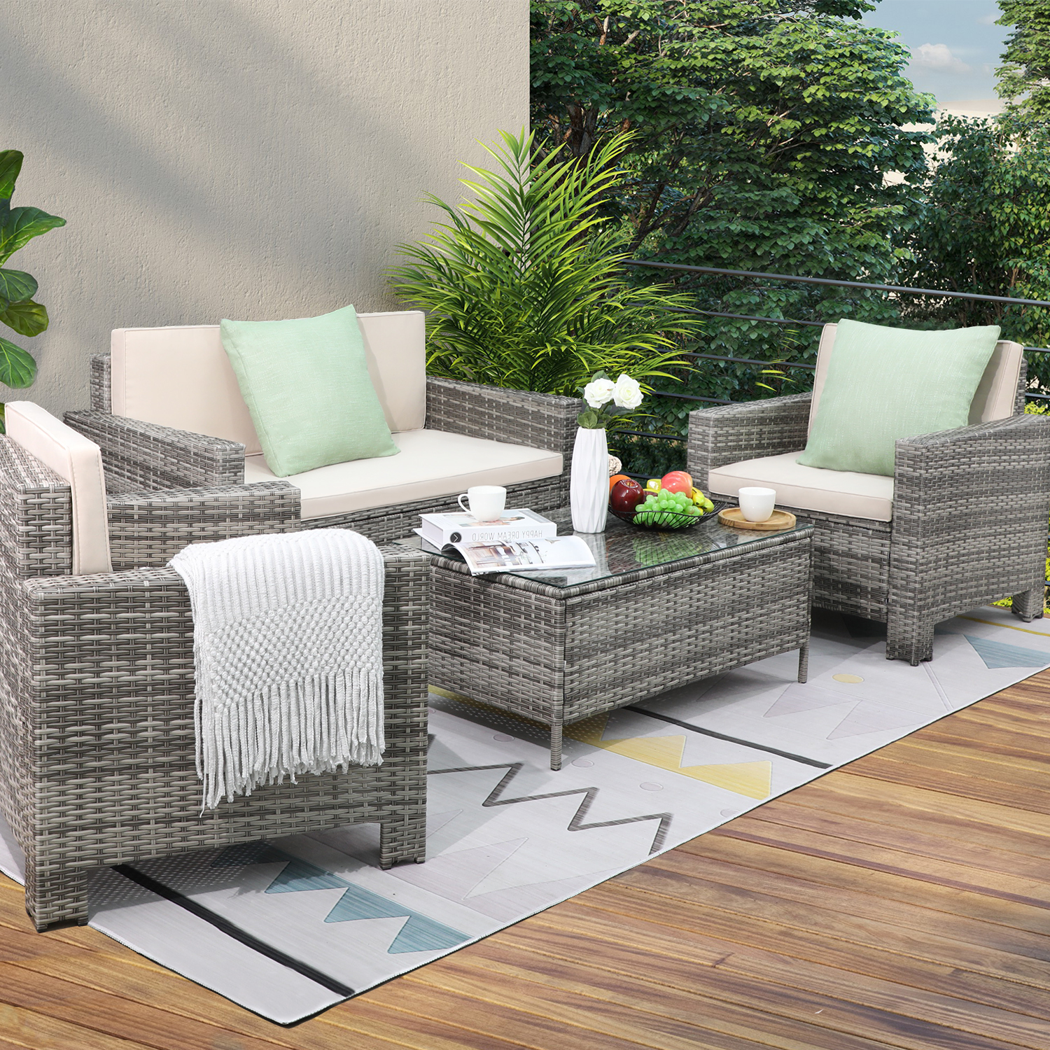 LACOO 4-Piece Grey Wicker Outdoor Patio Conversation Set with Beige Cushions - image 1 of 4