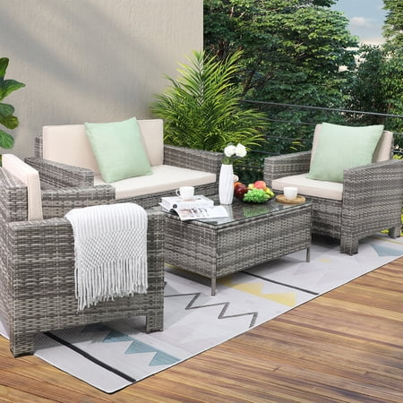 LACOO 4-Piece Steel All Weather Outdoor Conversation Sets with Cushions, Beige