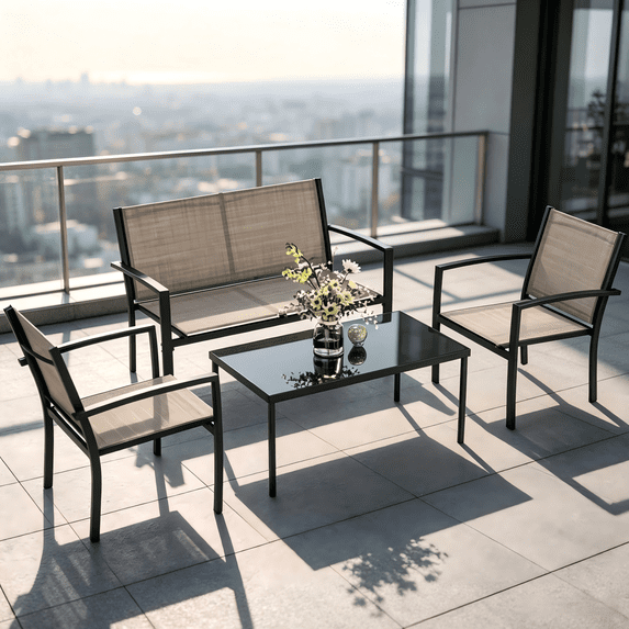 Homall 4-Piece Patio Conversation Set, Textilene Steel Outdoor Furniture Set with Loveseat, 2 Armchairs & Coffee Table, Weather Resistant for Balcony Lawn Backyard, Beige