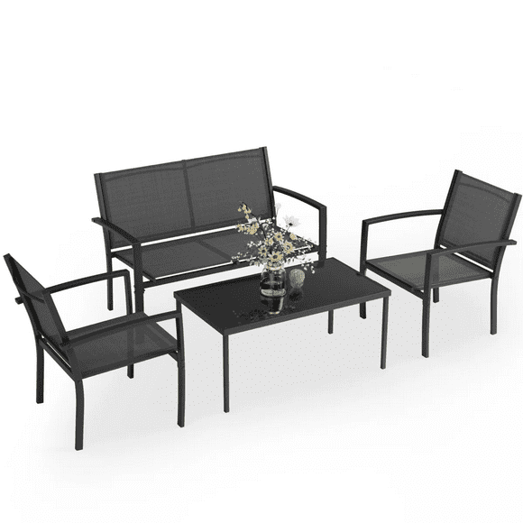 LACOO 4 Pieces Outdoor Furniture Set Patio Textilene Steel Conversation Set with Loveseat Tea Table for Lawn and Balcony, Black