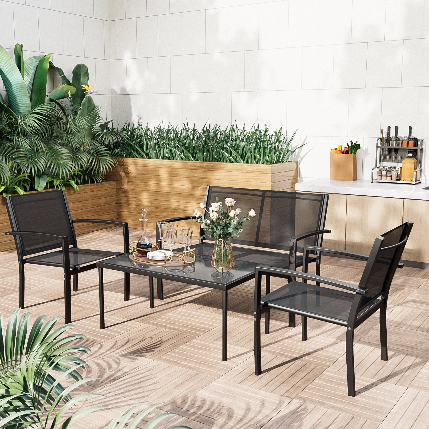 Free Shipping LACOO 4 Pieces Outdoor Furniture Set Patio Textilene Steel Conversation Set with Loveseat Tea Table for Lawn and Balcony Black Walmart
