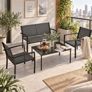 LACOO 4 Pieces Outdoor Furniture Set Patio Textilene Steel Conversation Set with Loveseat Tea Table for Lawn and Balcony, Black